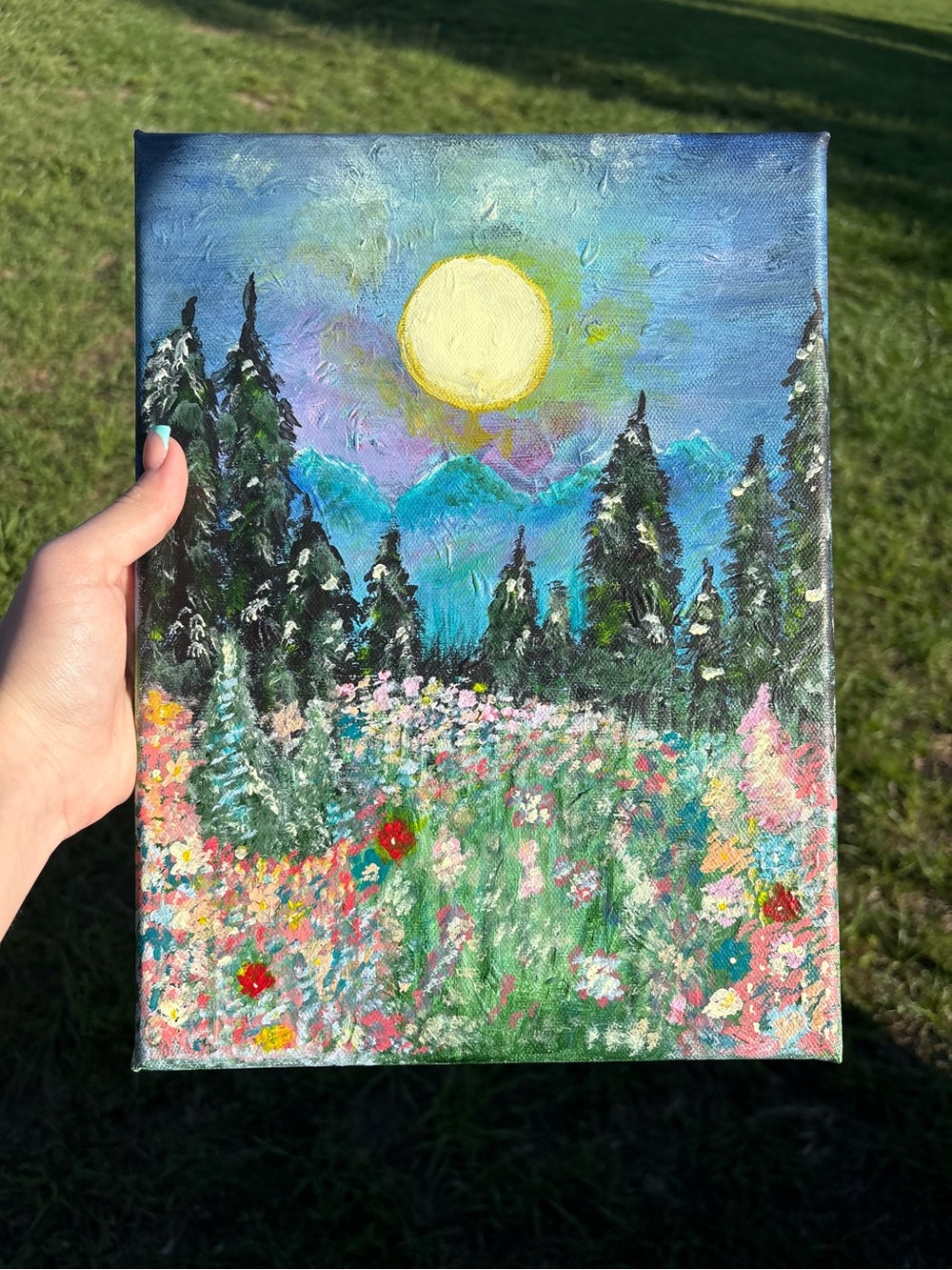 Hand-Painted Wildflower Meadow Canvas Art in Blue and Green